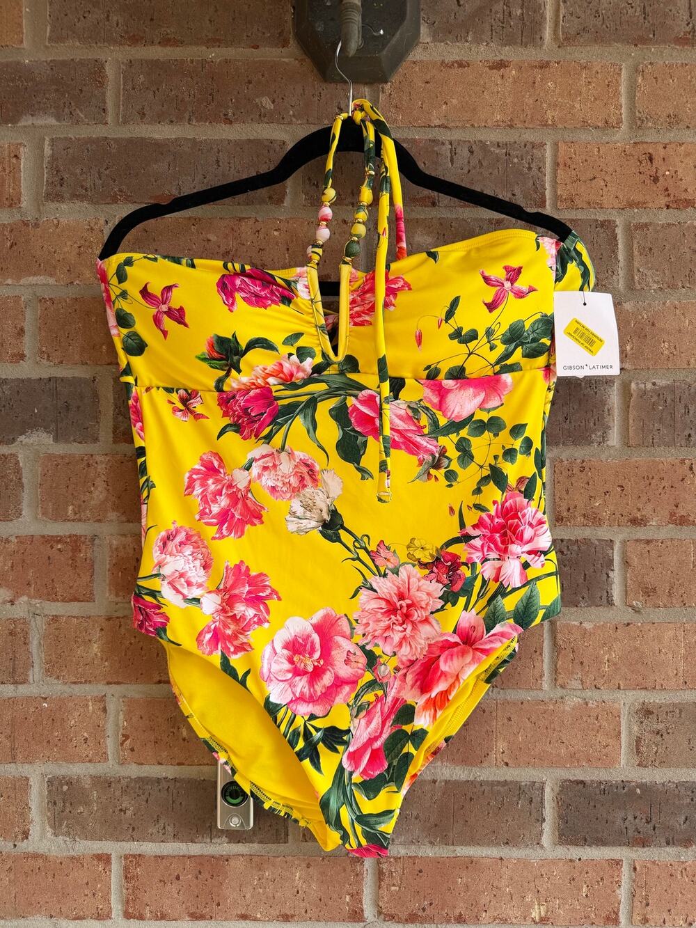 Gibson Latimer Yellow Floral Halter Bathing Suit Size Large NWT